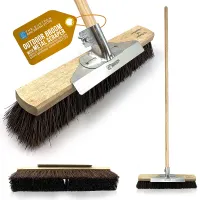 18" Heavy Duty Outdoor Garden Broom with Metal Scraper and Long Wooden Handle