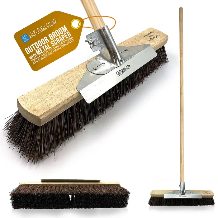 18" Heavy Duty Outdoor Garden Broom with Metal Scraper and Long Wooden Handle