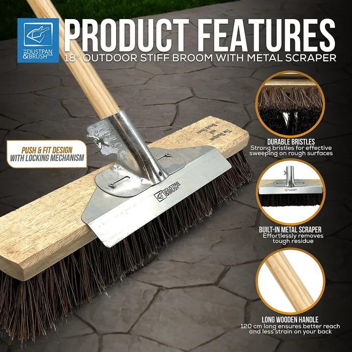 18" Heavy Duty Outdoor Garden Broom with Metal Scraper and Long Wooden Handle