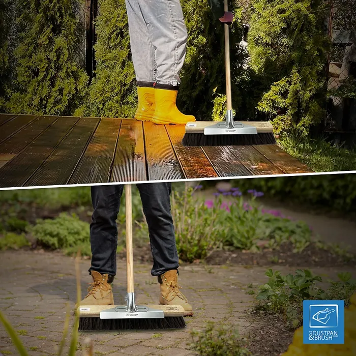 18" Heavy Duty Outdoor Garden Broom with Metal Scraper and Long Wooden Handle