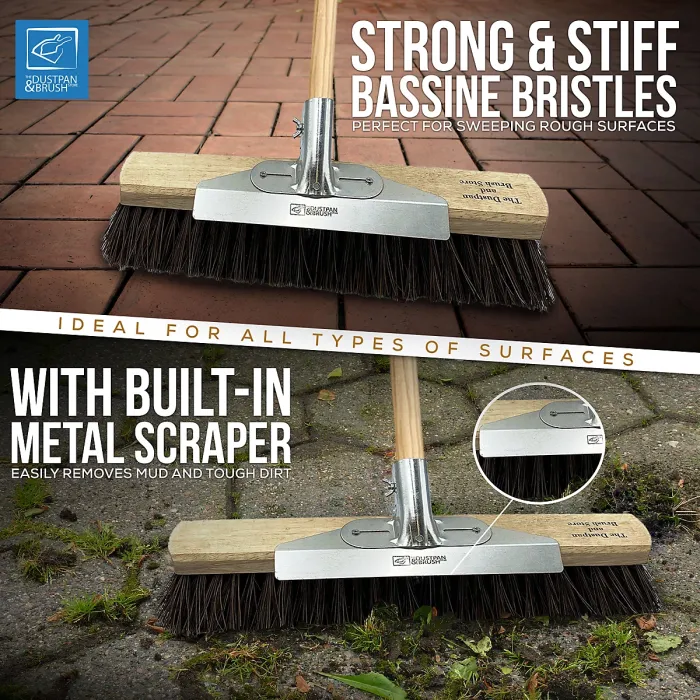 18" Heavy Duty Outdoor Garden Broom with Metal Scraper and Long Wooden Handle