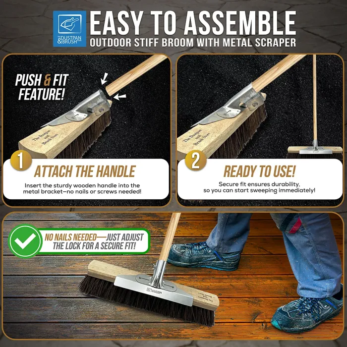 18" Heavy Duty Outdoor Garden Broom with Metal Scraper and Long Wooden Handle