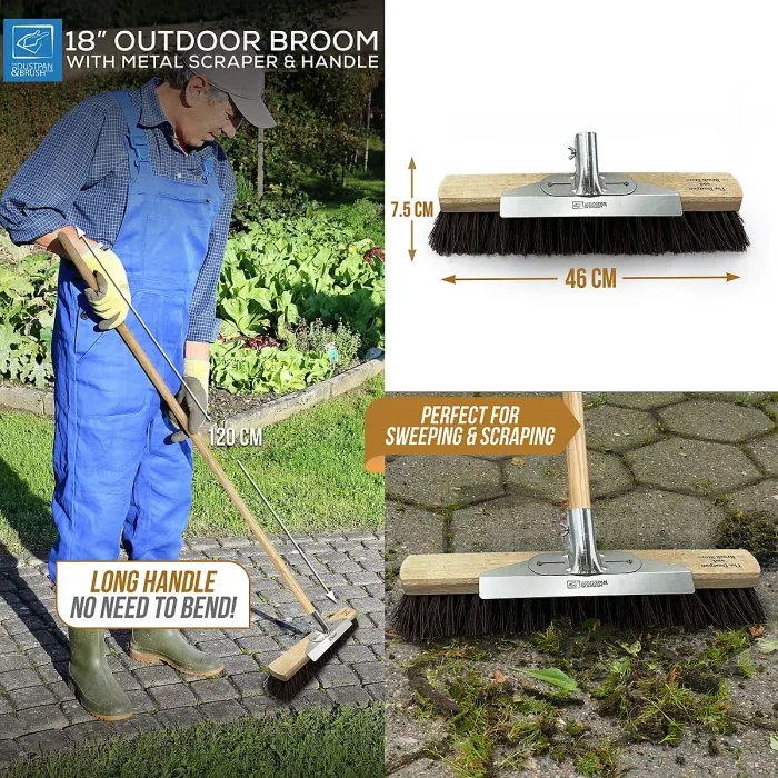 18" Heavy Duty Outdoor Garden Broom with Metal Scraper and Long Wooden Handle