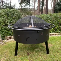 Star and Moon Firepit Bowl with Grill, Safety Guard and Poker