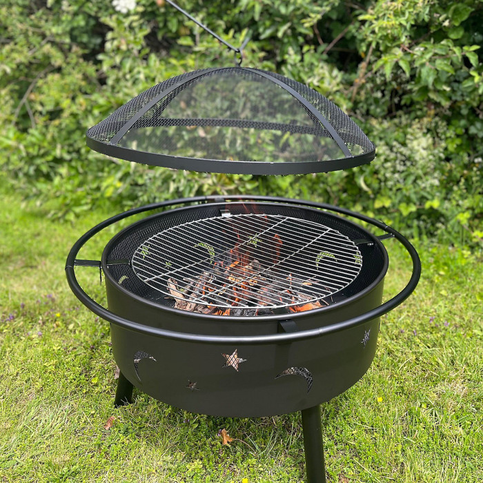 Star and Moon Firepit Bowl with Grill, Safety Guard and Poker