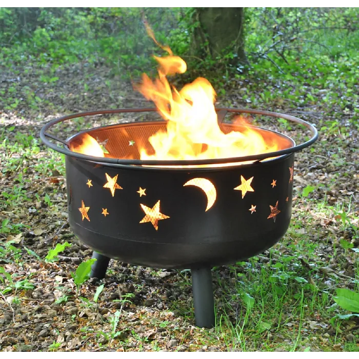 Star and Moon Firepit Bowl with Grill, Safety Guard and Poker