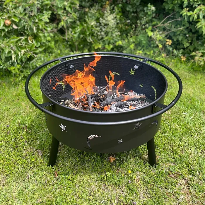 Star and Moon Firepit Bowl with Grill, Safety Guard and Poker