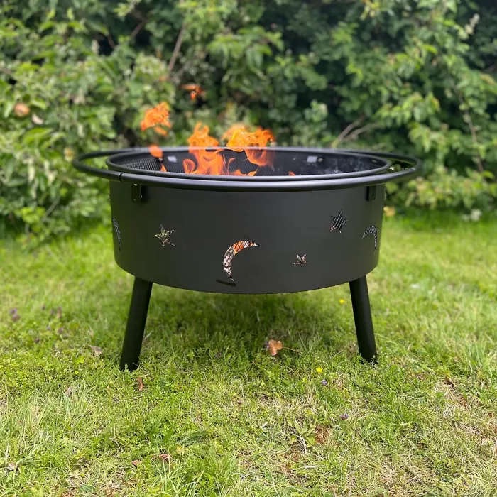 Star and Moon Firepit Bowl with Grill, Safety Guard and Poker