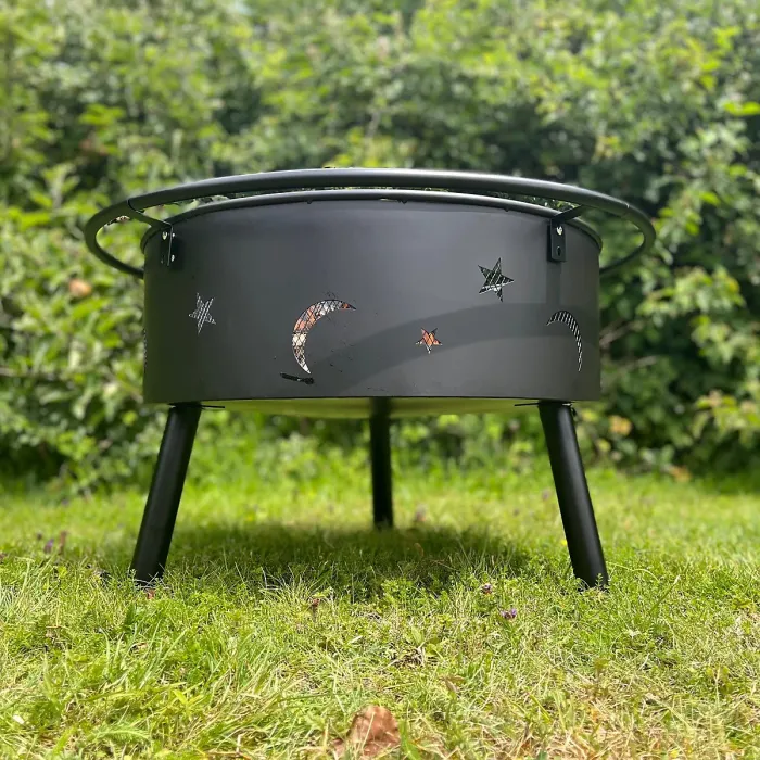 Star and Moon Firepit Bowl with Grill, Safety Guard and Poker