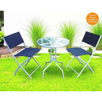 Panama Patio 3 Piece Outdoor Foldable Chairs & Tempered Frosted Glass Table Set For Garden