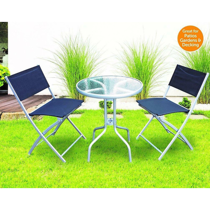 Panama Patio 3 Piece Outdoor Foldable Chairs & Tempered Frosted Glass Table Set For Garden