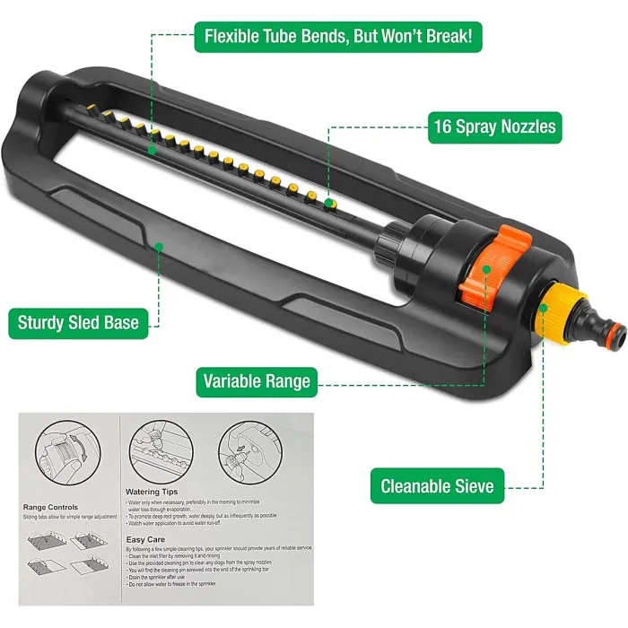 Garden Sprayer Sprinklers for Lawns Garden Bar with 16 Durable Nozzles-Oscillating Sprinkler with Built-In Cleaning Pin