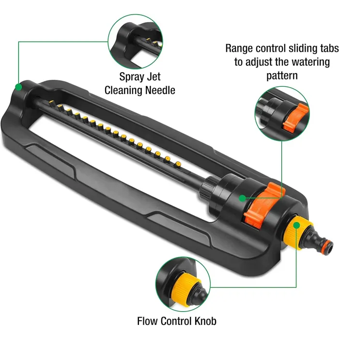 Garden Sprayer Sprinklers for Lawns Garden Bar with 16 Durable Nozzles-Oscillating Sprinkler with Built-In Cleaning Pin