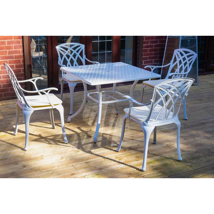 SH&G Chirk 4 Seat Dining Table Set - 5 Piece Square Table & Chairs - White Aluminium with Cream Cushions - Indoor & Outdoor