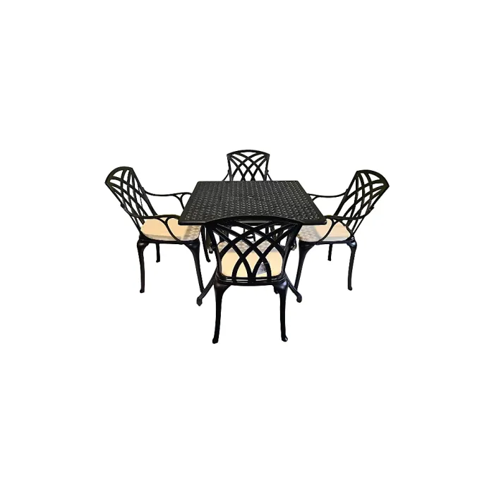 SH&G Chirk 4 Seat Dining Table Set - 5 Piece Square Table & Chairs - Black Aluminium with Cream Cushions - Indoor & Outdoor