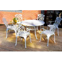 SH&G Chirk 6 Seat Dining Table Set - 7 Piece Round Table & Chairs - White Aluminium with Cream Cushions - Outdoor