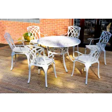 SH&G Chirk 6 Seat Dining Table Set - 7 Piece Round Table & Chairs - White Aluminium with Cream Cushions - Outdoor