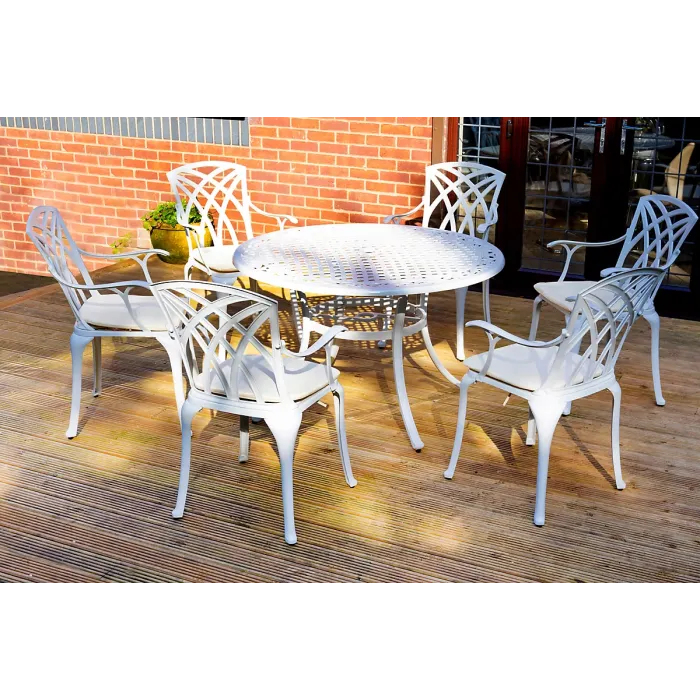 SH&G Chirk 6 Seat Dining Table Set - 7 Piece Round Table & Chairs - White Aluminium with Cream Cushions - Outdoor