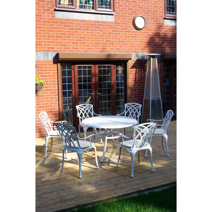 SH&G Chirk 6 Seat Dining Table Set - 7 Piece Round Table & Chairs - White Aluminium with Cream Cushions - Outdoor