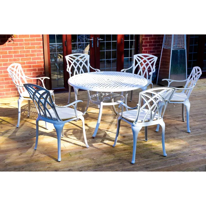 SH&G Chirk 6 Seat Dining Table Set - 7 Piece Round Table & Chairs - White Aluminium with Cream Cushions - Outdoor