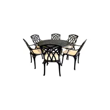 SH&G Chirk 6 Seat Dining Table Set - 7 Piece Round Table & Chairs - Black Aluminium with Cream Cushions - Indoor & Outdoor