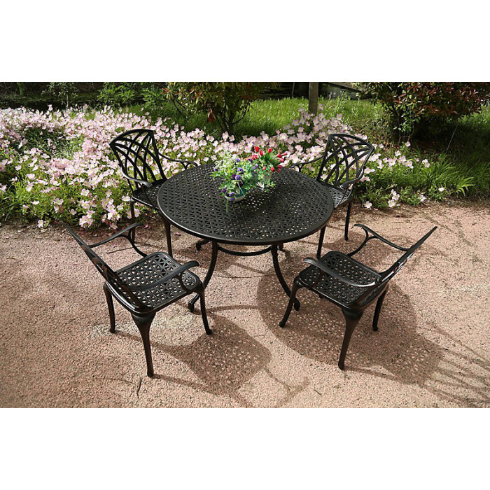 SH&G Chirk 6 Seat Dining Table Set - 7 Piece Round Table & Chairs - Black Aluminium with Cream Cushions - Indoor & Outdoor