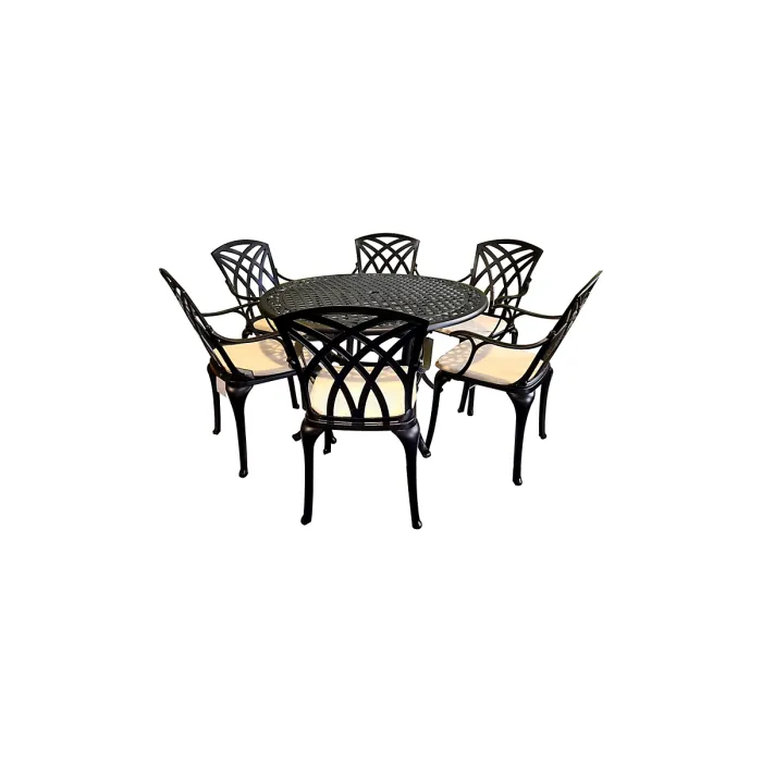 SH&G Chirk 6 Seat Dining Table Set - 7 Piece Round Table & Chairs - Black Aluminium with Cream Cushions - Indoor & Outdoor