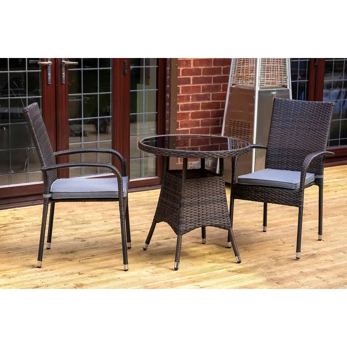 SH&G Heaton 2 Seat Bistro Set - 3 Piece Round Table & Chairs - Brown Rattan with Grey Cushions - Indoor & Outdoor