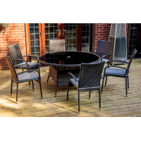 SH&G Heaton 6 Seat Dining Table Set - 7 Piece Round Table & Chairs - Brown Rattan with Grey Cushions - Indoor & Outdoor