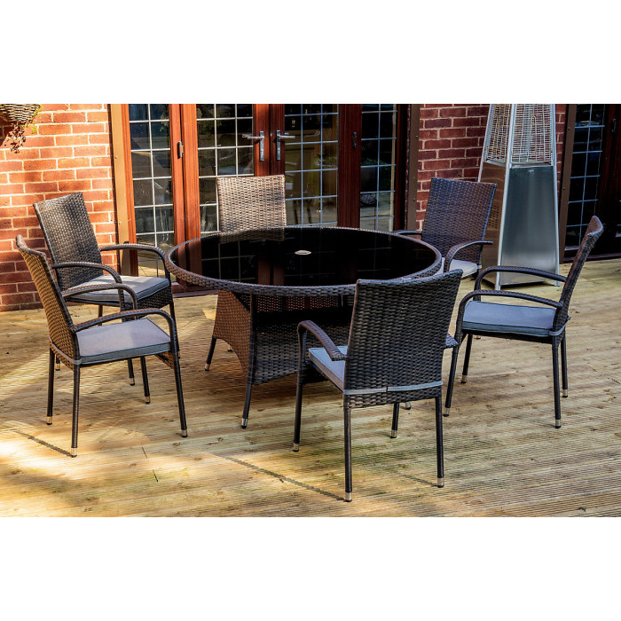 SH&G Heaton 6 Seat Dining Table Set - 7 Piece Round Table & Chairs - Brown Rattan with Grey Cushions - Indoor & Outdoor