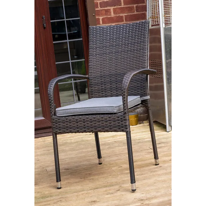 SH&G Heaton 6 Seat Dining Table Set - 7 Piece Round Table & Chairs - Brown Rattan with Grey Cushions - Indoor & Outdoor