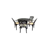SH&G Chirk 4 Seat Dining Table Set - 5 Piece Round Table & Chairs - Black Aluminium with Cream Cushions - Indoor & Outdoor