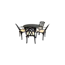 SH&G Chirk 4 Seat Dining Table Set - 5 Piece Round Table & Chairs - Black Aluminium with Cream Cushions - Indoor & Outdoor