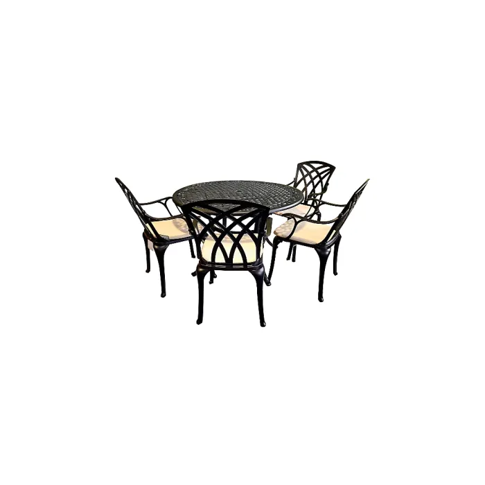 SH&G Chirk 4 Seat Dining Table Set - 5 Piece Round Table & Chairs - Black Aluminium with Cream Cushions - Indoor & Outdoor