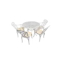SH&G Chirk 4 Seat Dining Table Set - 5 Piece Round Table & Chairs - White Aluminium with Cream Cushions - Indoor & Outdoor