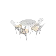SH&G Chirk 4 Seat Dining Table Set - 5 Piece Round Table & Chairs - White Aluminium with Cream Cushions - Indoor & Outdoor