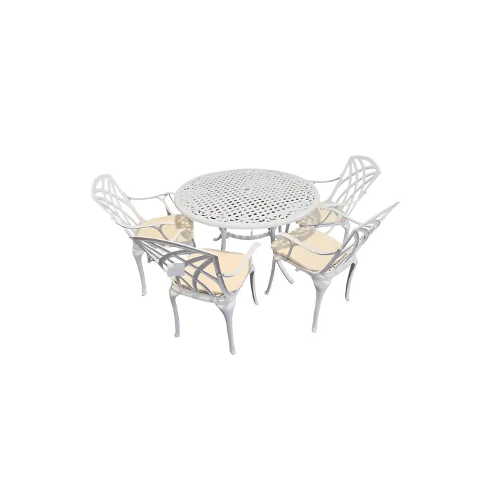 SH&G Chirk 4 Seat Dining Table Set - 5 Piece Round Table & Chairs - White Aluminium with Cream Cushions - Indoor & Outdoor