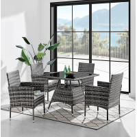 Seville 4 Seater Rattan Garden Dining Patio Set With Square Glass Table & Light Grey Cushions + FREE RAIN COVER