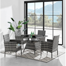 Seville 4 Seater Rattan Garden Dining Patio Set With Square Glass Table & Light Grey Cushions + FREE RAIN COVER