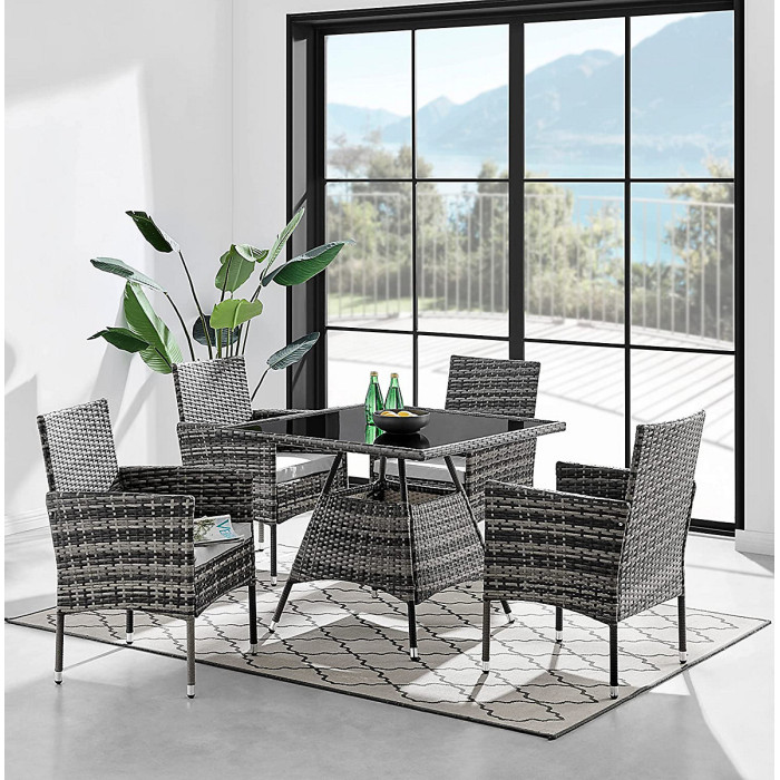Seville 4 Seater Rattan Garden Dining Patio Set With Square Glass Table & Light Grey Cushions + FREE RAIN COVER