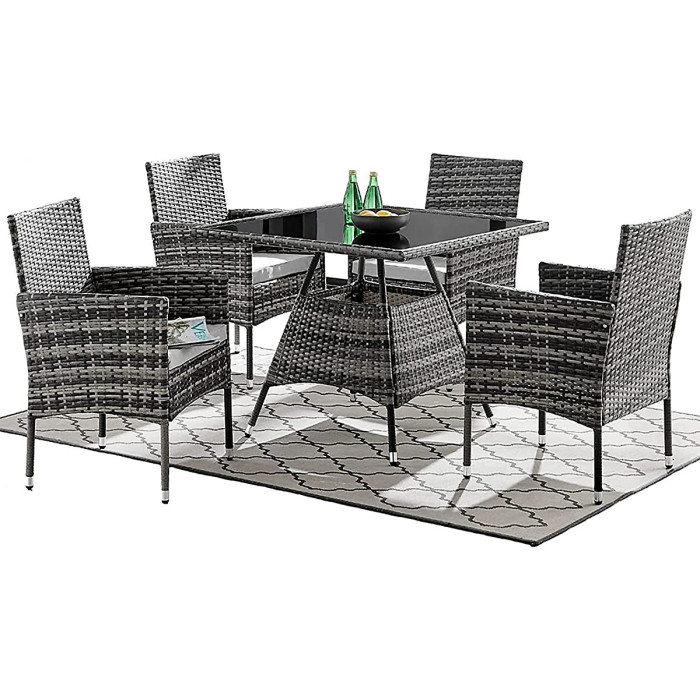 Seville 4 Seater Rattan Garden Dining Patio Set With Square Glass Table & Light Grey Cushions + FREE RAIN COVER