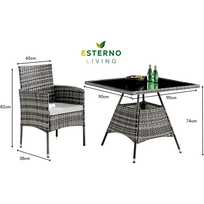 Seville 4 Seater Rattan Garden Dining Patio Set With Square Glass Table & Light Grey Cushions + FREE RAIN COVER