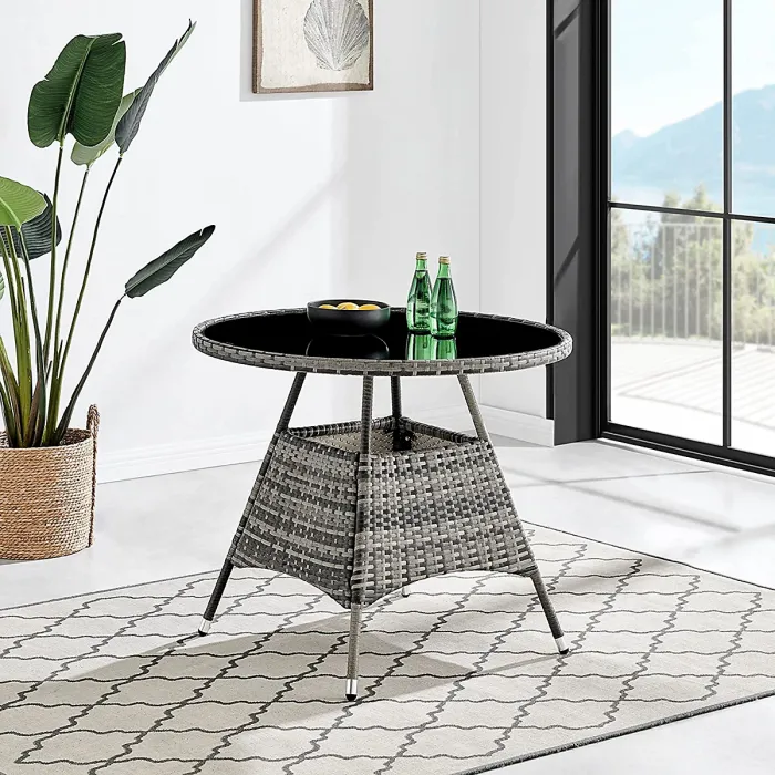 Athens Grey 4 Seater Rattan Garden Dining Patio Set With Round Table & Light Grey Cushions + FREE RAIN COVER