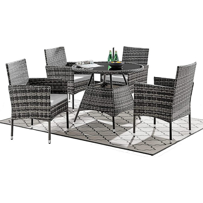 Athens Grey 4 Seater Rattan Garden Dining Patio Set With Round Table & Light Grey Cushions + FREE RAIN COVER