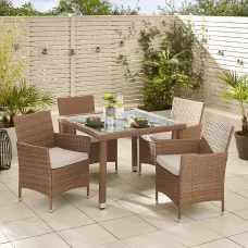 FurnitureboxUK Barbados Light Brown Rattan 4 Seat Garden Dining Set - Outdoor Dining Table and Rattan Chairs Set For Patio or Deck