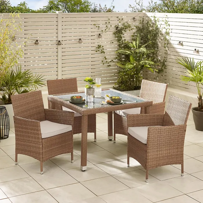 FurnitureboxUK Barbados Light Brown Rattan 4 Seat Garden Dining Set - Outdoor Dining Table and Rattan Chairs Set For Patio or Deck
