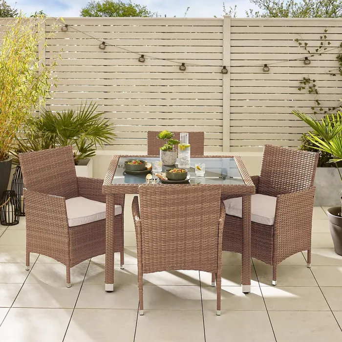 FurnitureboxUK Barbados Light Brown Rattan 4 Seat Garden Dining Set - Outdoor Dining Table and Rattan Chairs Set For Patio or Deck