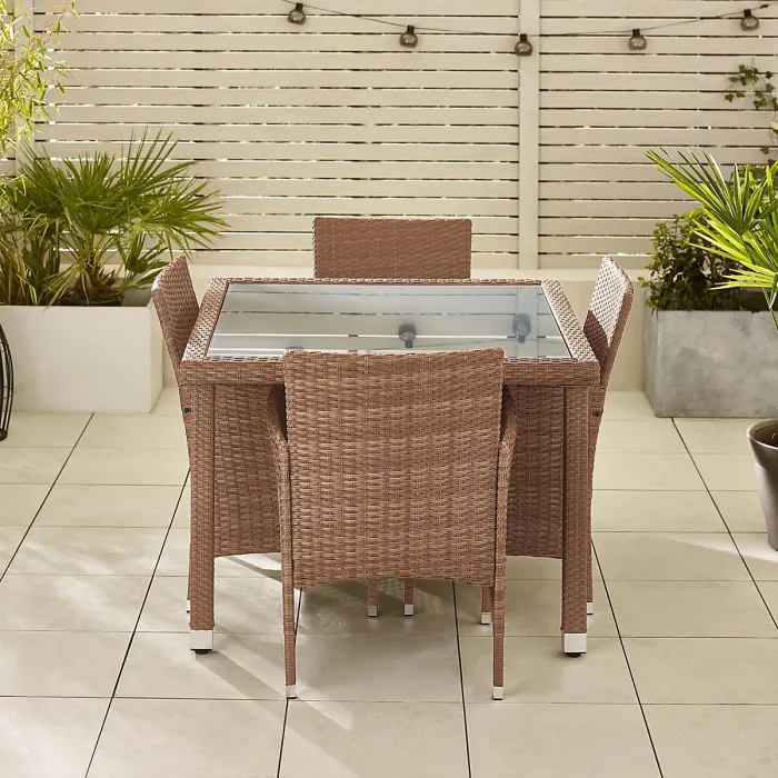 FurnitureboxUK Barbados Light Brown Rattan 4 Seat Garden Dining Set - Outdoor Dining Table and Rattan Chairs Set For Patio or Deck