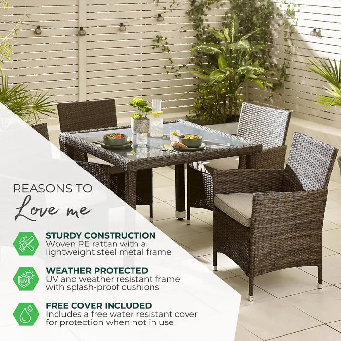 FurnitureboxUK Barbados Light Brown Rattan 4 Seat Garden Dining Set - Outdoor Dining Table and Rattan Chairs Set For Patio or Deck