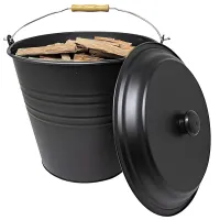 12L Metal Ash Bucket With Lid Wooden Handle Fireplace Container Litre Coal Storage Organiser Wooden Handle & Lid Handle